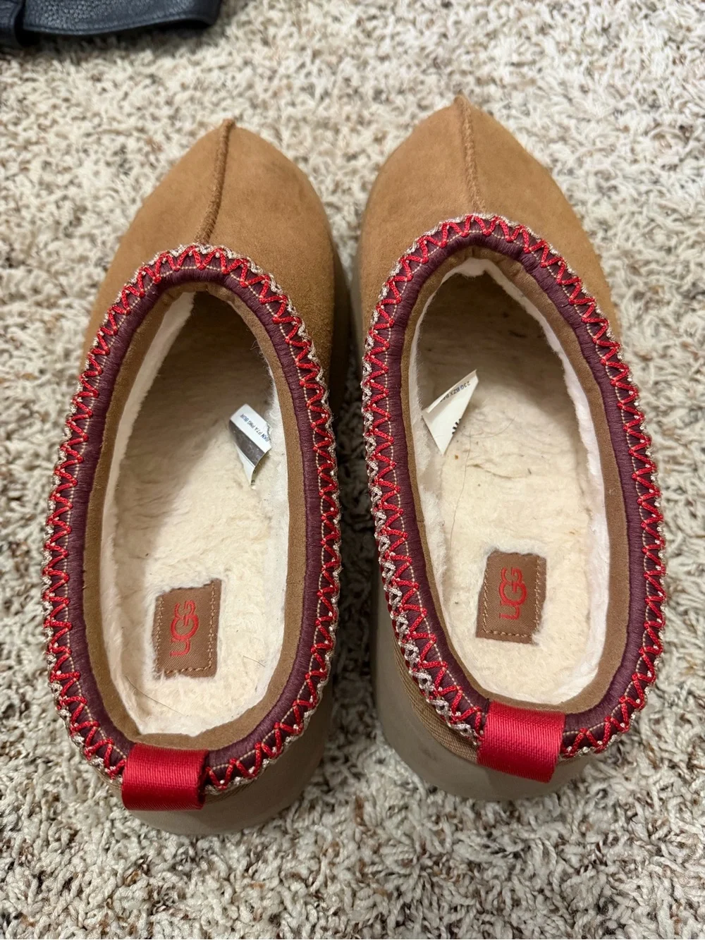 UGG Chestnut Suede Slip-On Mules with Red Knit Trim